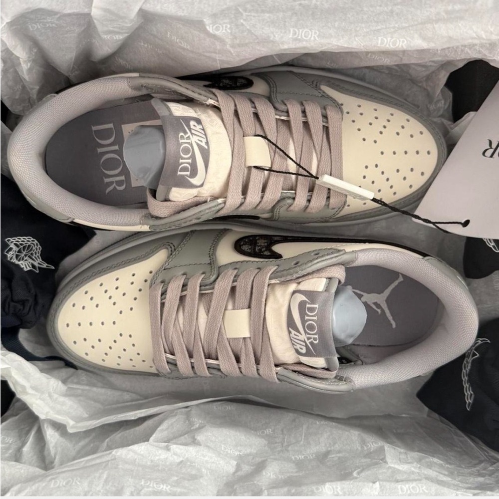 Dior x Air Jordan 1 Low Sneakers - gray & white leather w/Dior MM navy Swoosh.